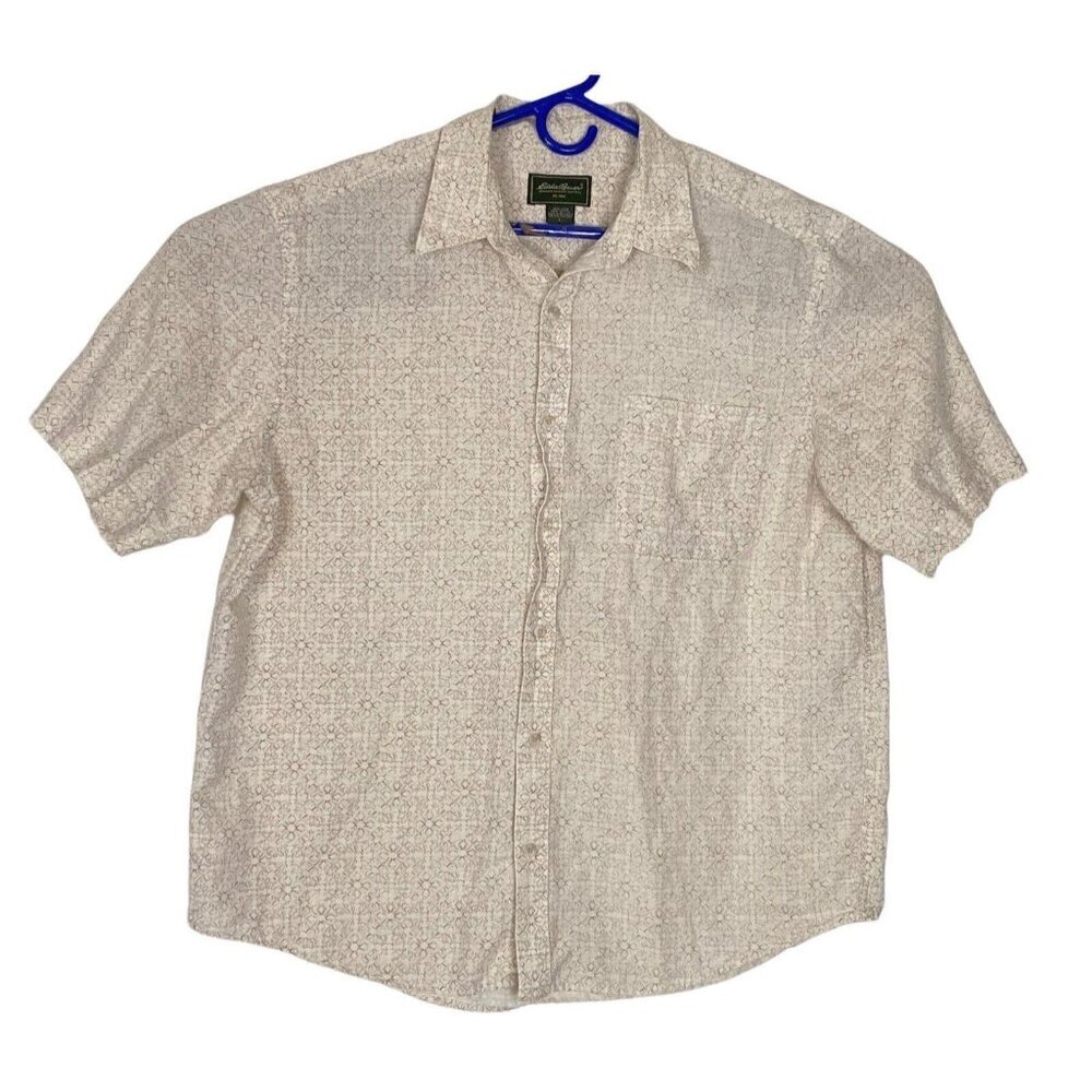 EDDIE BAUER Men Linen Blend Button Front Short Sleeve Shirt Sz L‎ Ivory 47-21